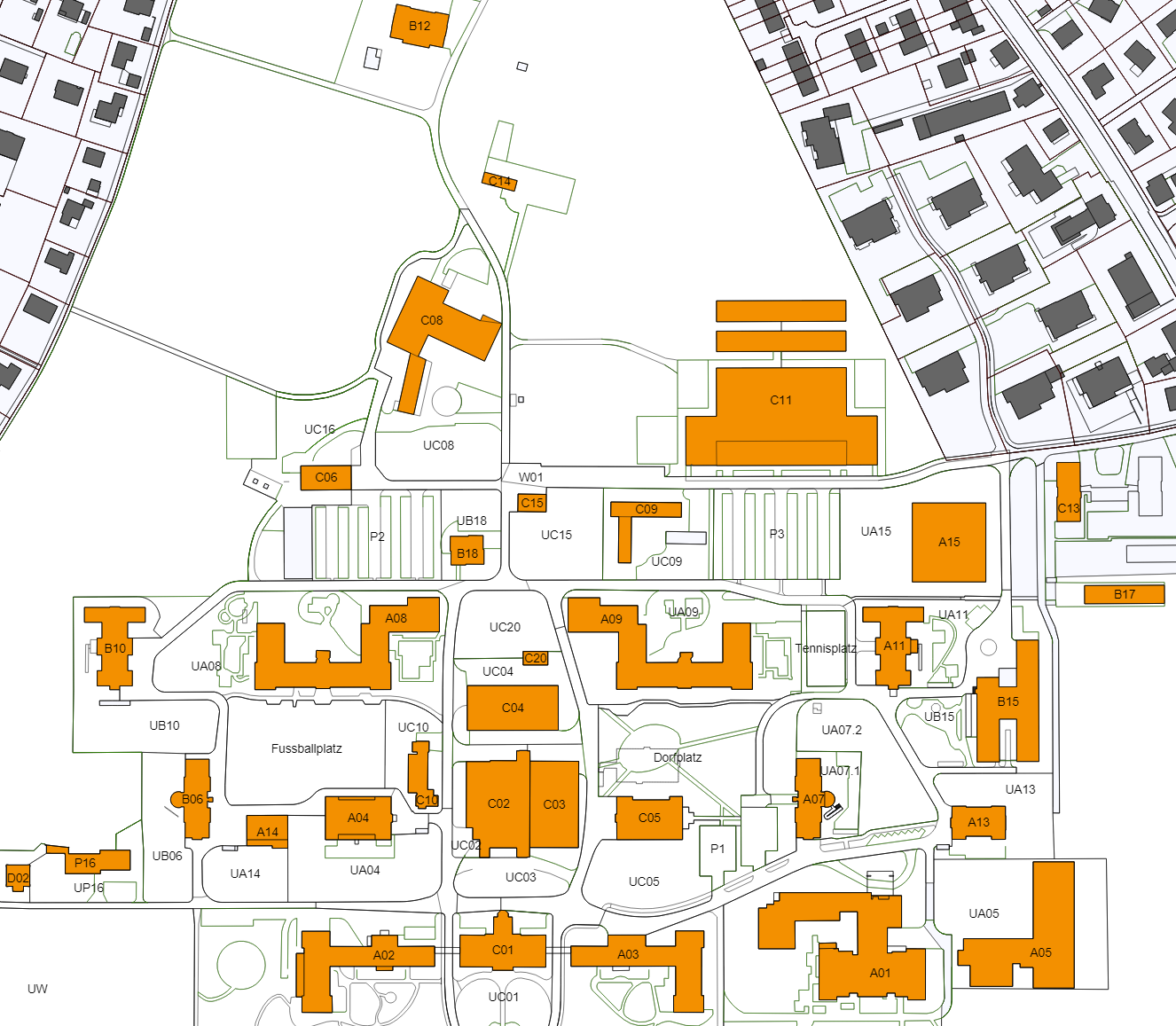 Arealplan mit orange markierten Gebäuden